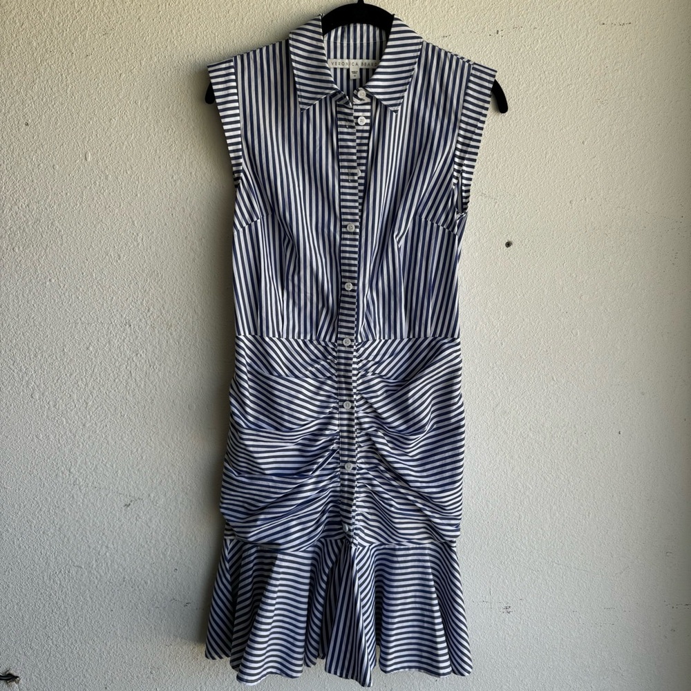Veronica Beard Blue/White Striped Sleeveless Striped Flounce Dress - Picture 5 of 10